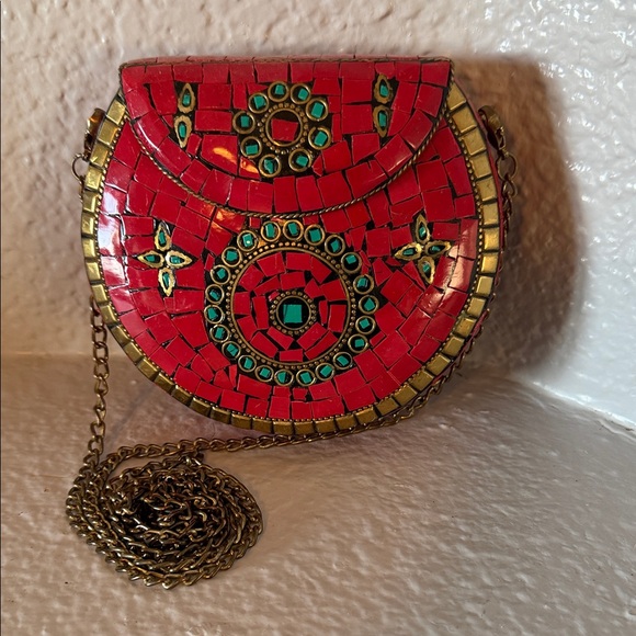 Antik Kraft Handbags - Antik Kraft Berry Mosaic Tile Metal Clutch Crossbody Red Turquoise Small Bag